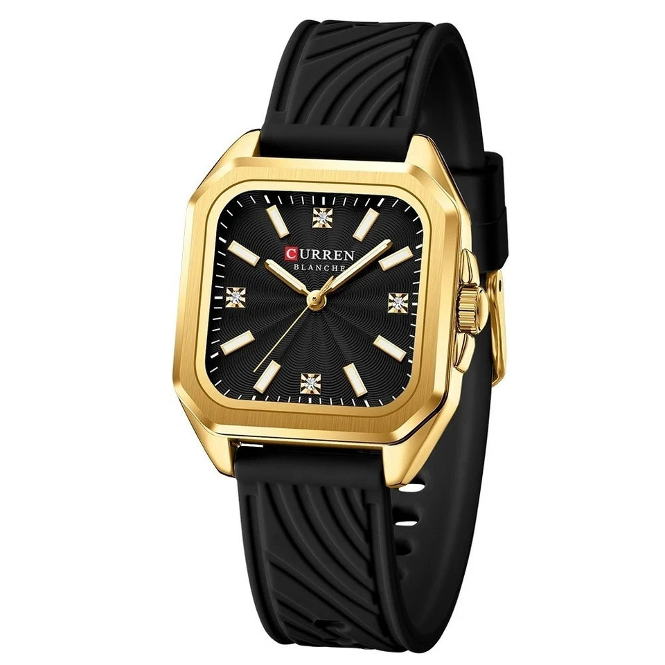 CURREN Womens Black Silicone Watch Gold Square Case Quartz 3ATM