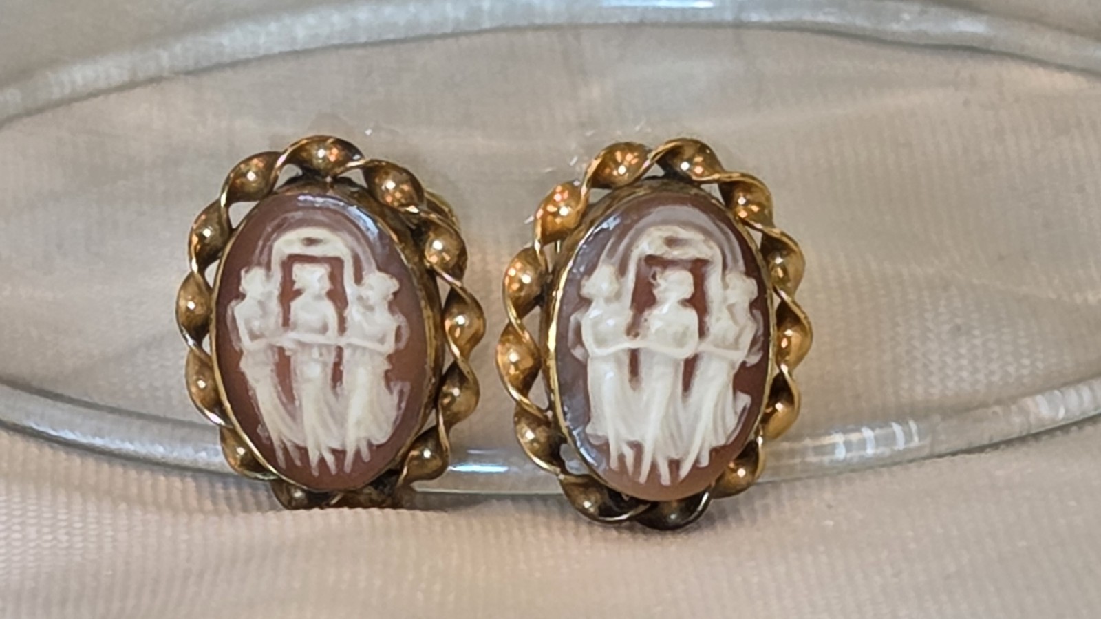 Vintage 12k Gold Filled Cameo Earrings – Three Graces – Greek Mythology