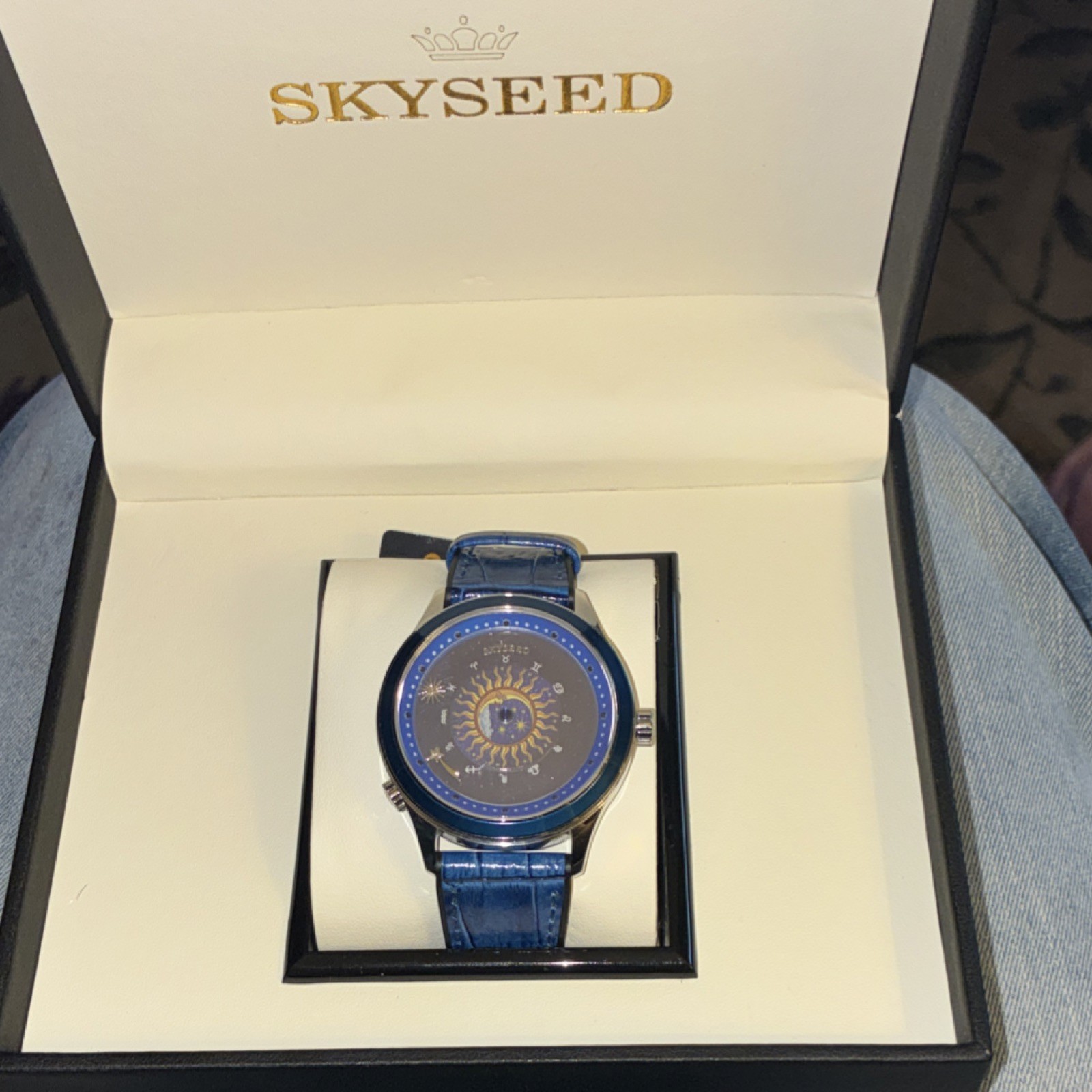 SKYSEED Celestial Blue Automatic Wristwatch, Exhibition Caseback, Leather Band