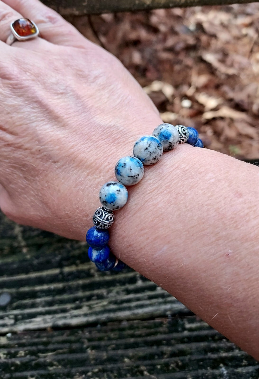 Blue Lapis and K2 Stone Bracelet Unique Meditation Jewelry Stretchy Gems 6.25″