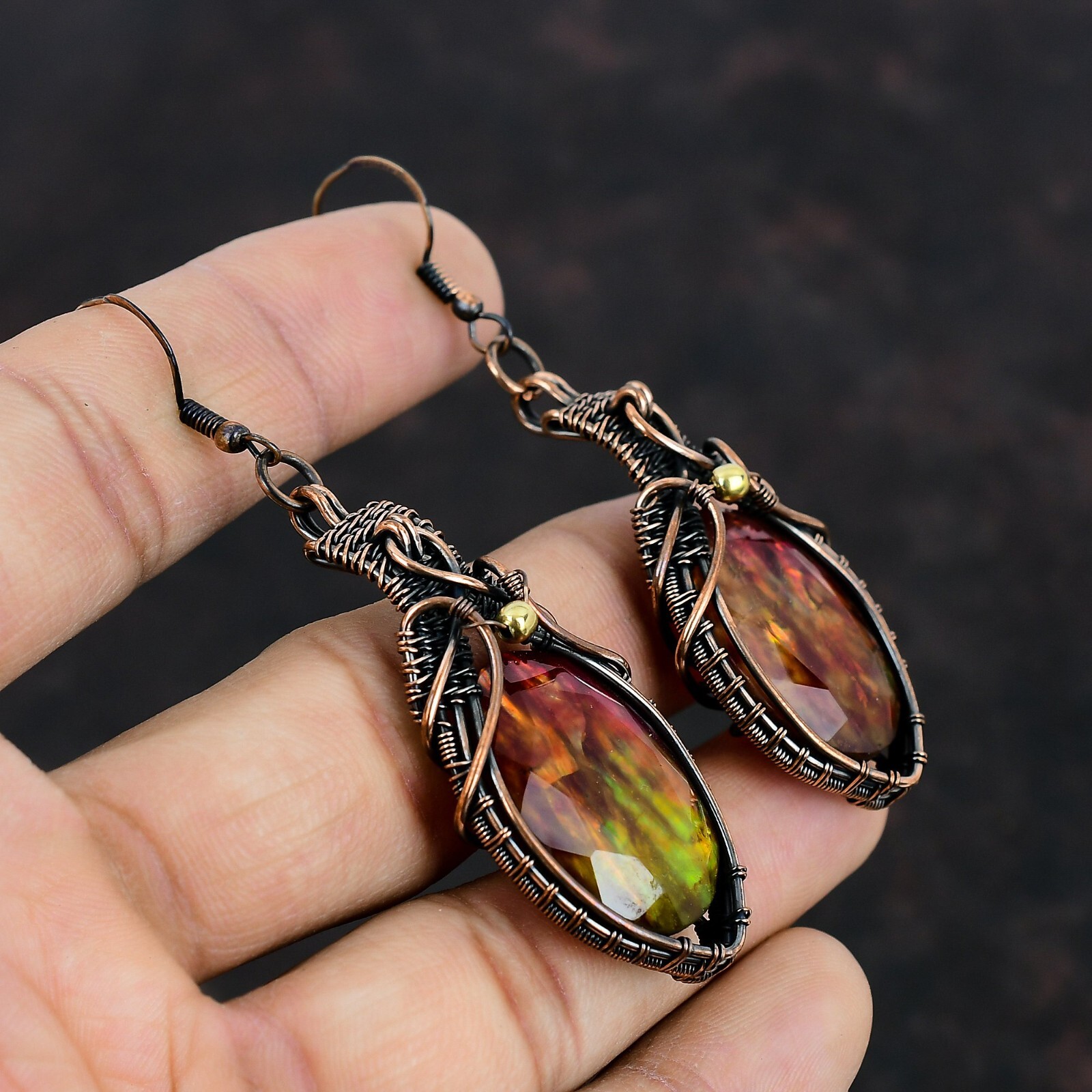 Ammolite Jewelry Copper Gift For Mum Wire Wrapped Drop/Dangle Earrings 2.95″