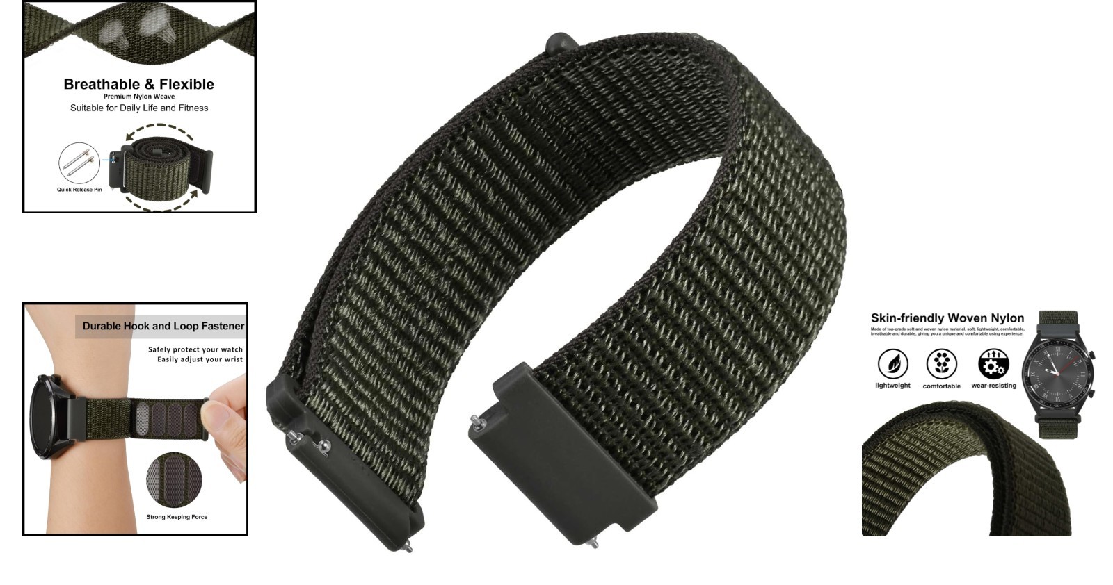 Lightweight 19mm Sport Loop Watch Band in Army Green – Unisex Adjustable Style