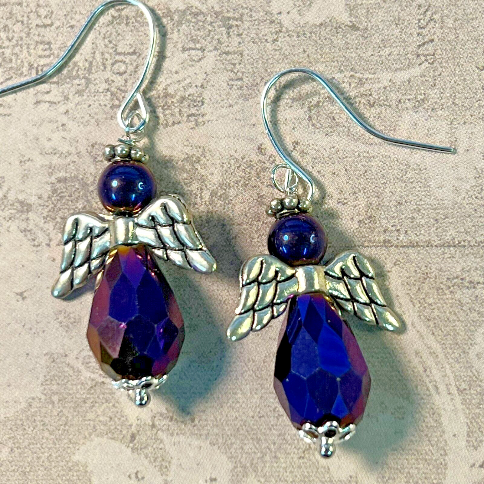 Silver Tone Iridescent Purple Etched Angels Charms Dangle Earrings. Heaven. S497