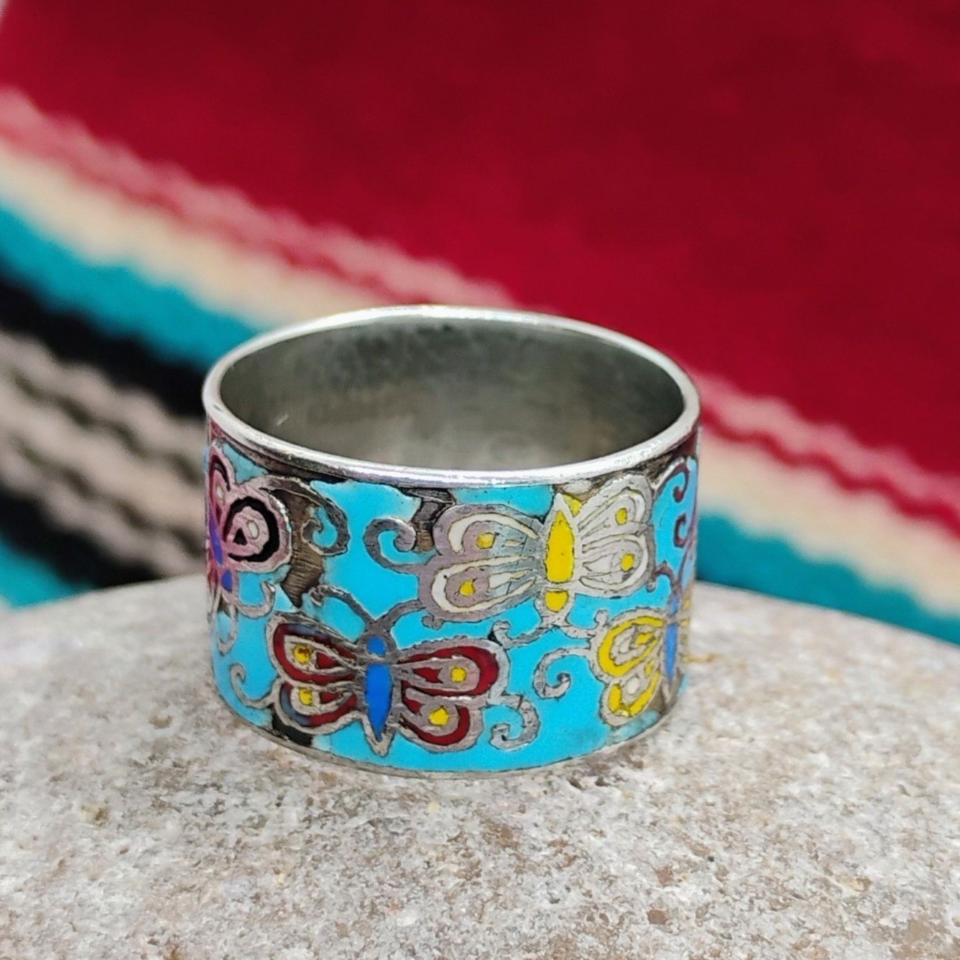Vtg Butterfly Cloisonne Sterling Silver Wide Band Ring Size 7 Thailand – READ
