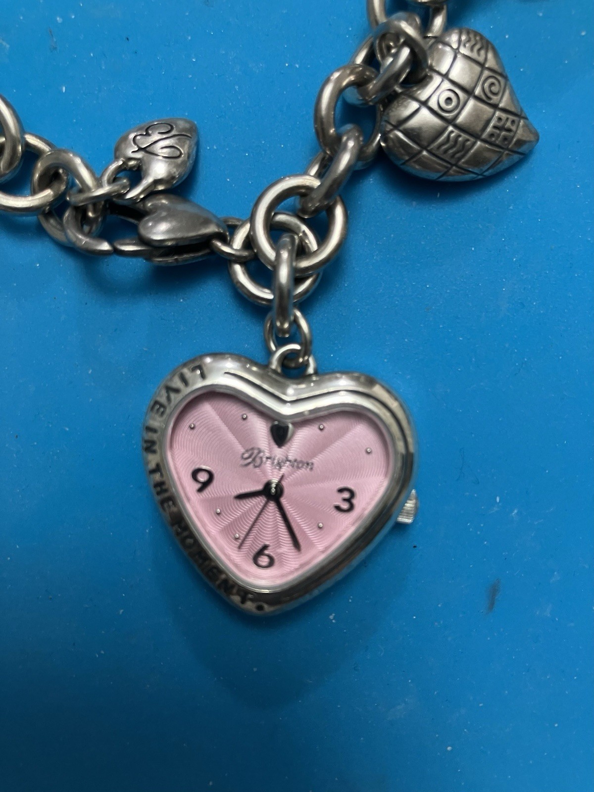Brighton Silver “LIVE IN THE MOMENT” Breast Cancer Watch Charm Bracelet 8”