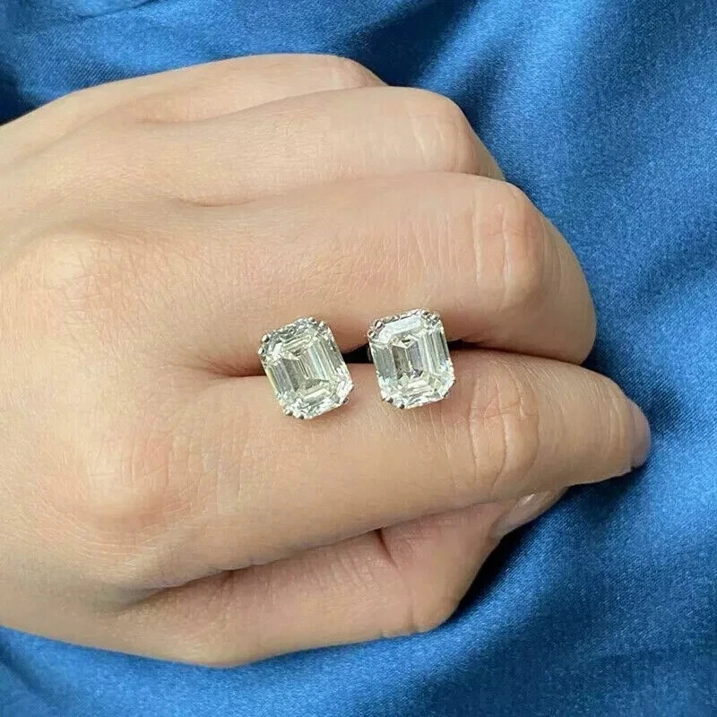 4Ct Asscher Cut Lab Created Diamond Solitaire Stud Earrings 14K White Gold Over