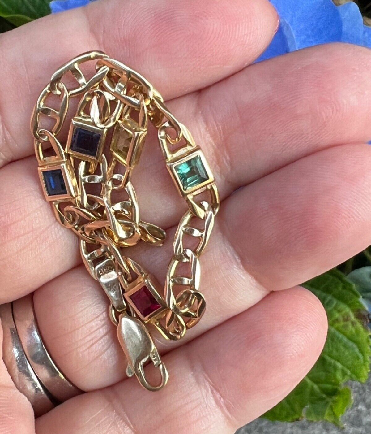 14K YELLOW GOLD MULTI GEMSTONES FIGARO BRACELET MADE IN ITALY CANDY COLORS