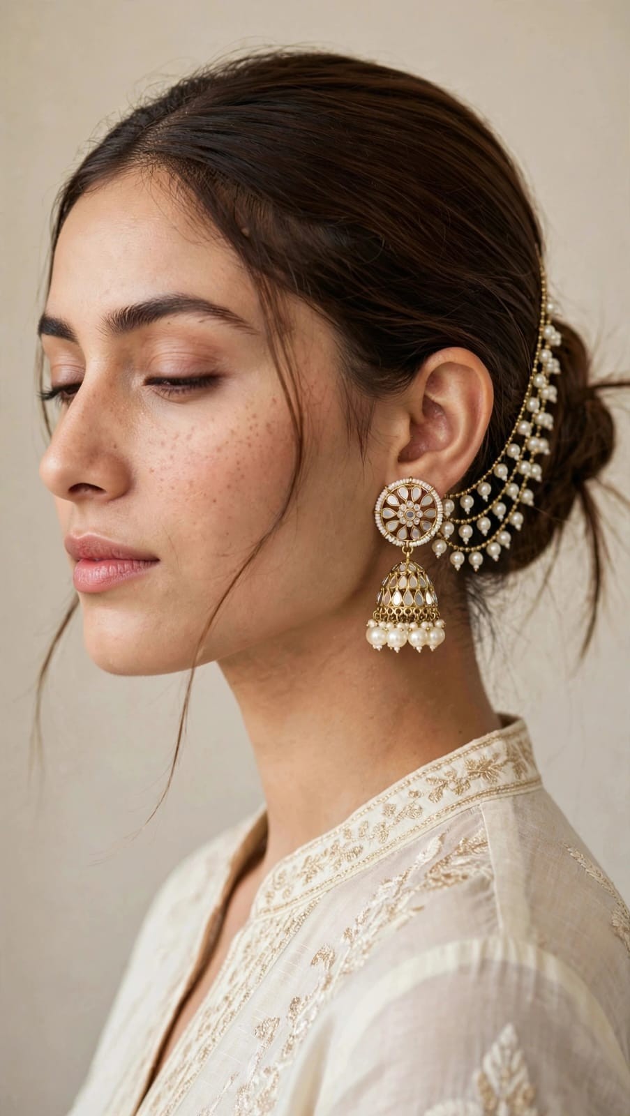 Traditional Kundan Pearl Jhumka Earrings Gold Plated Ear Chain Statement Earring