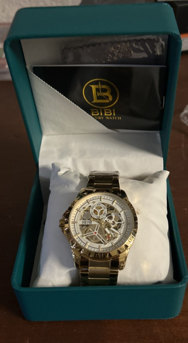 BIBI Automatic Skeleton Watch Gold Tone Stainless Steel NEW w/ Tags Luxury Style