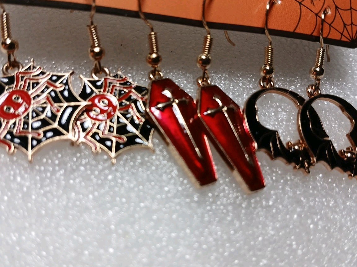 Classic Halloween Earrings, Set Of 3 Pair,Dangling, Goldtone, All Ages