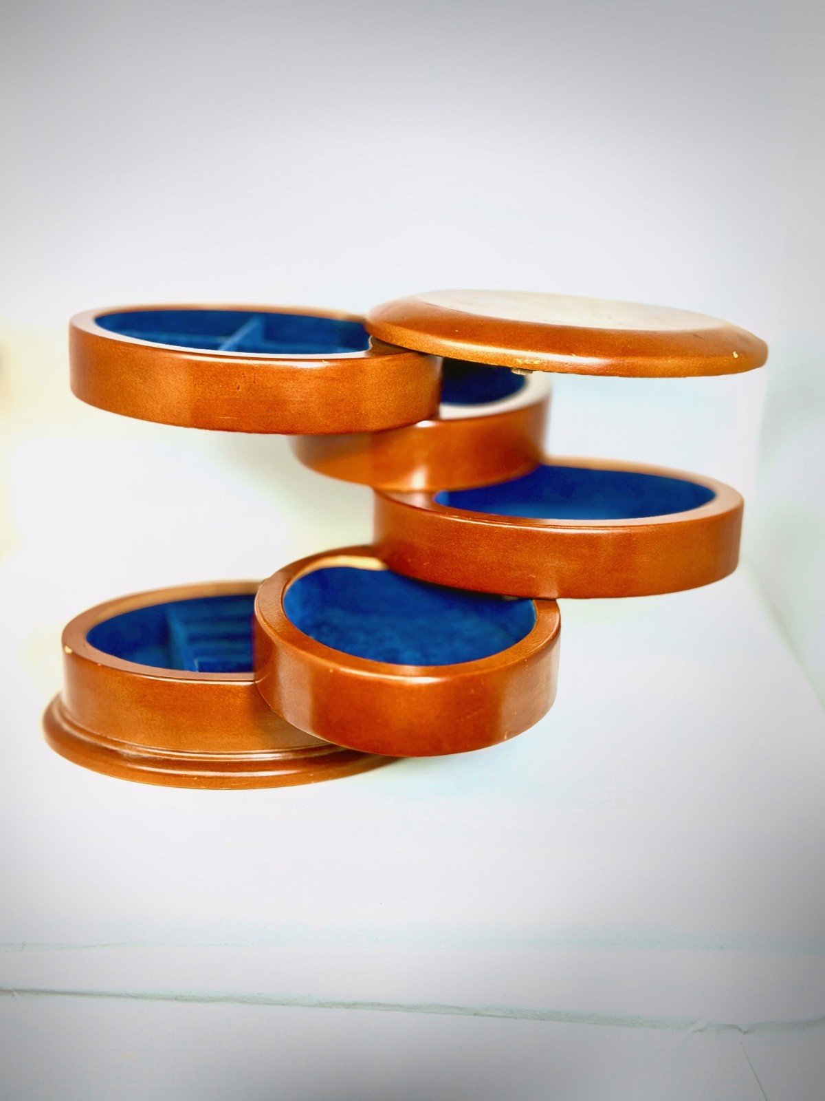 Vintage Wooden Rotating Jewelry Box Swivel Organizer Felt Lined Ring Box