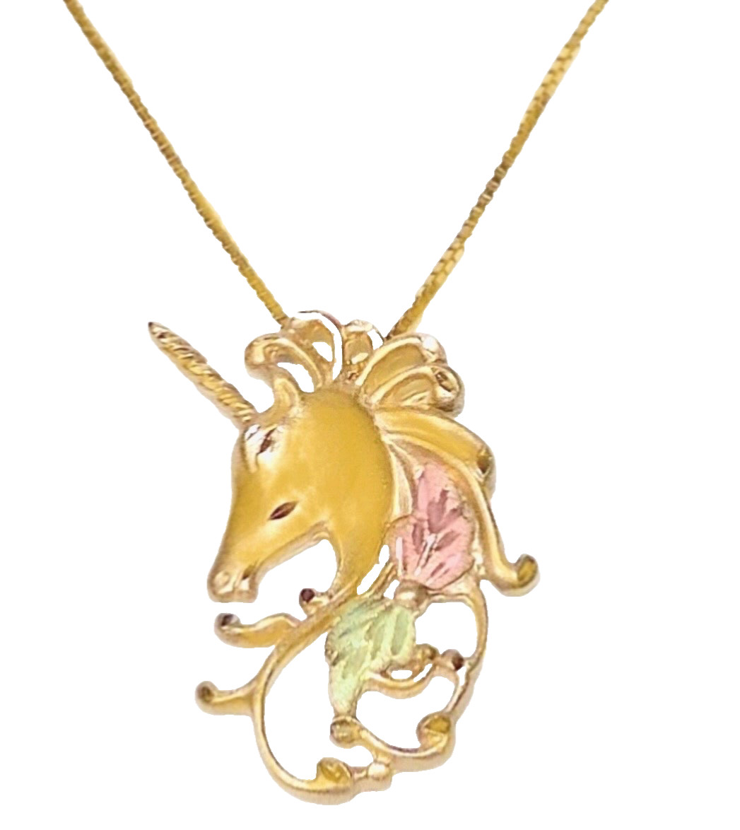 Black Hills Gold 10k Large Unicorn Pendant 14k Chain