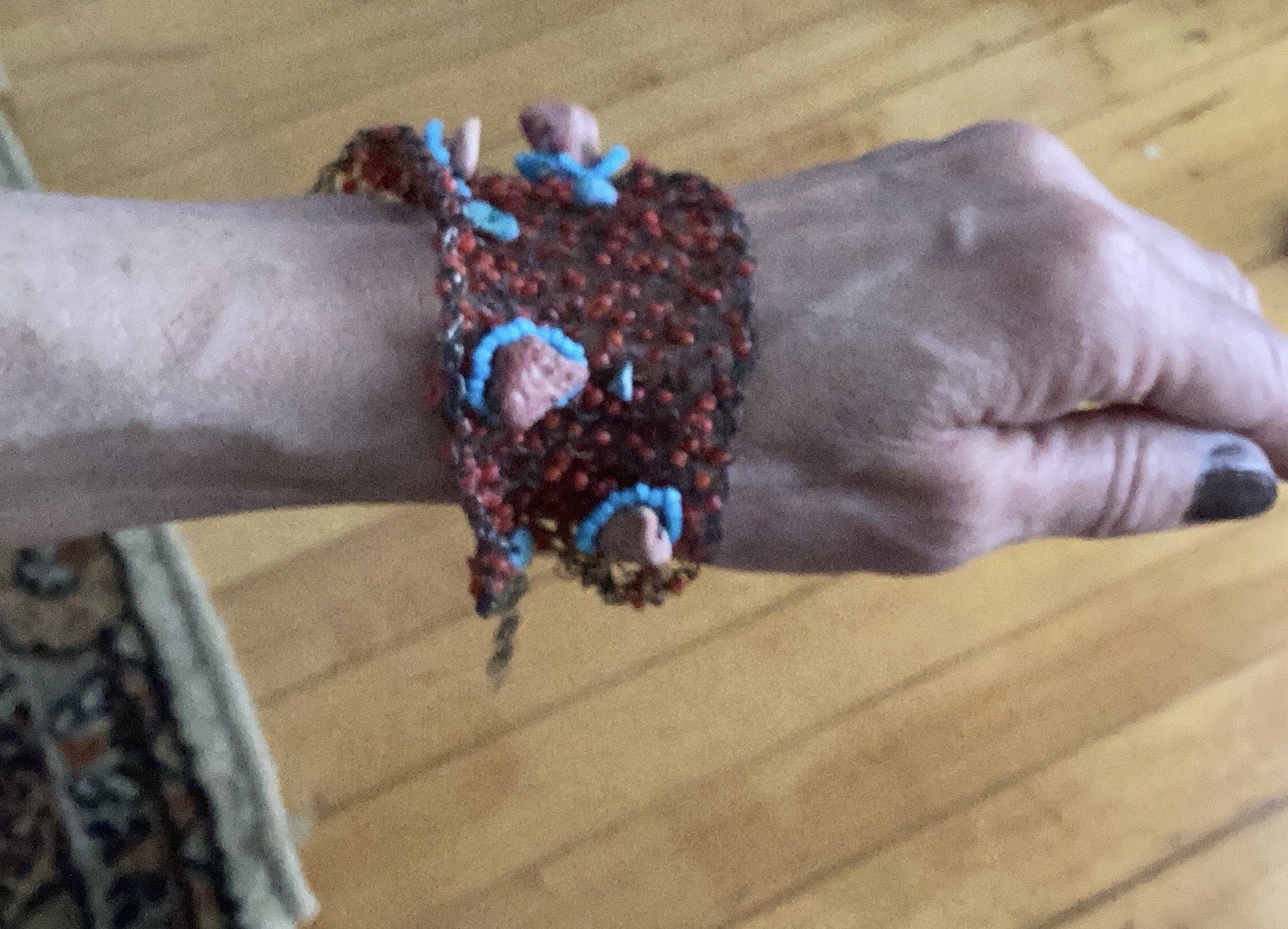 Handmade Knitted Wire, Bead, and Stone Bracelet Red and Aqua – One Of A Kind