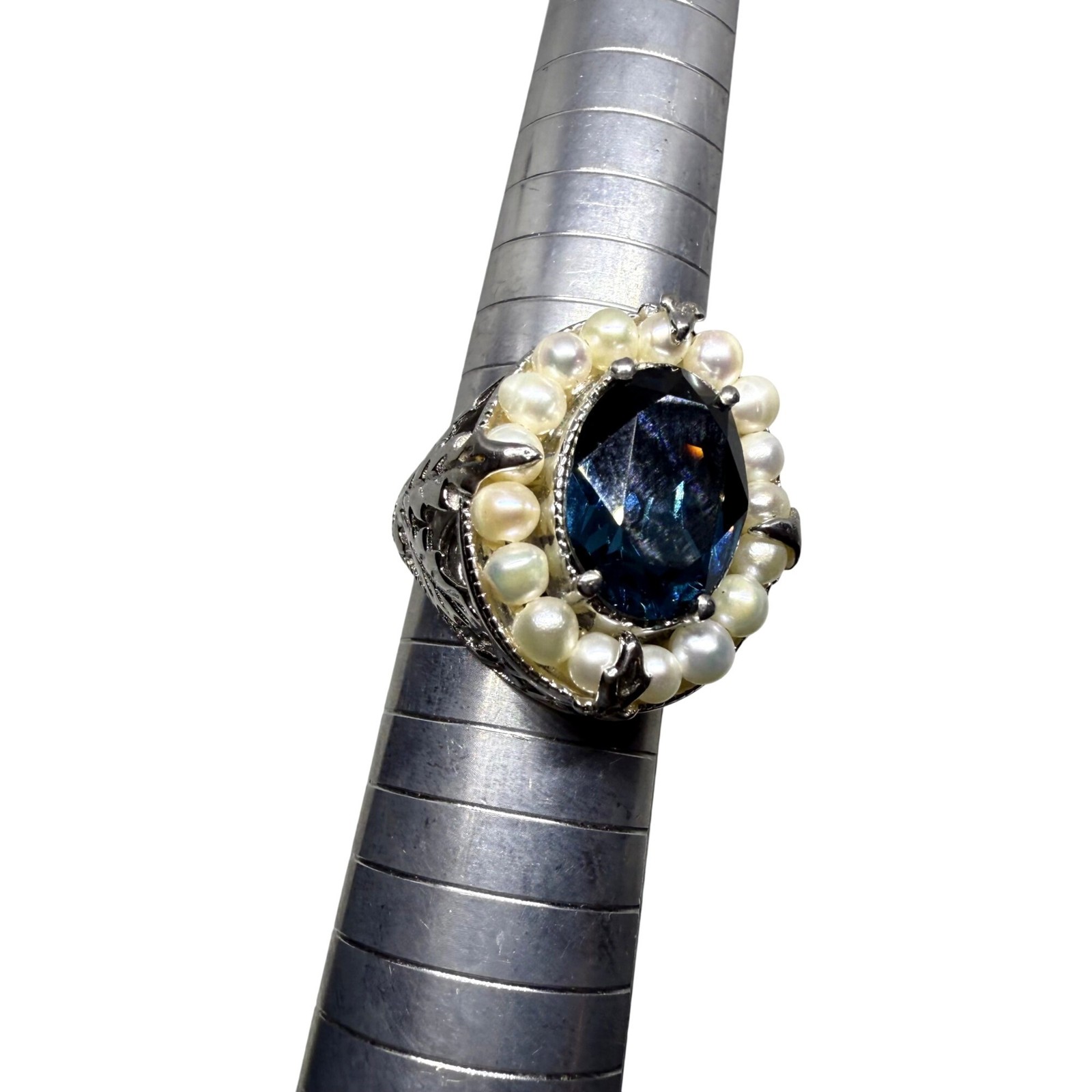 STS Karis Silver Toned Ring Blue Oval simulated gemstone Pearl Accents Intricate