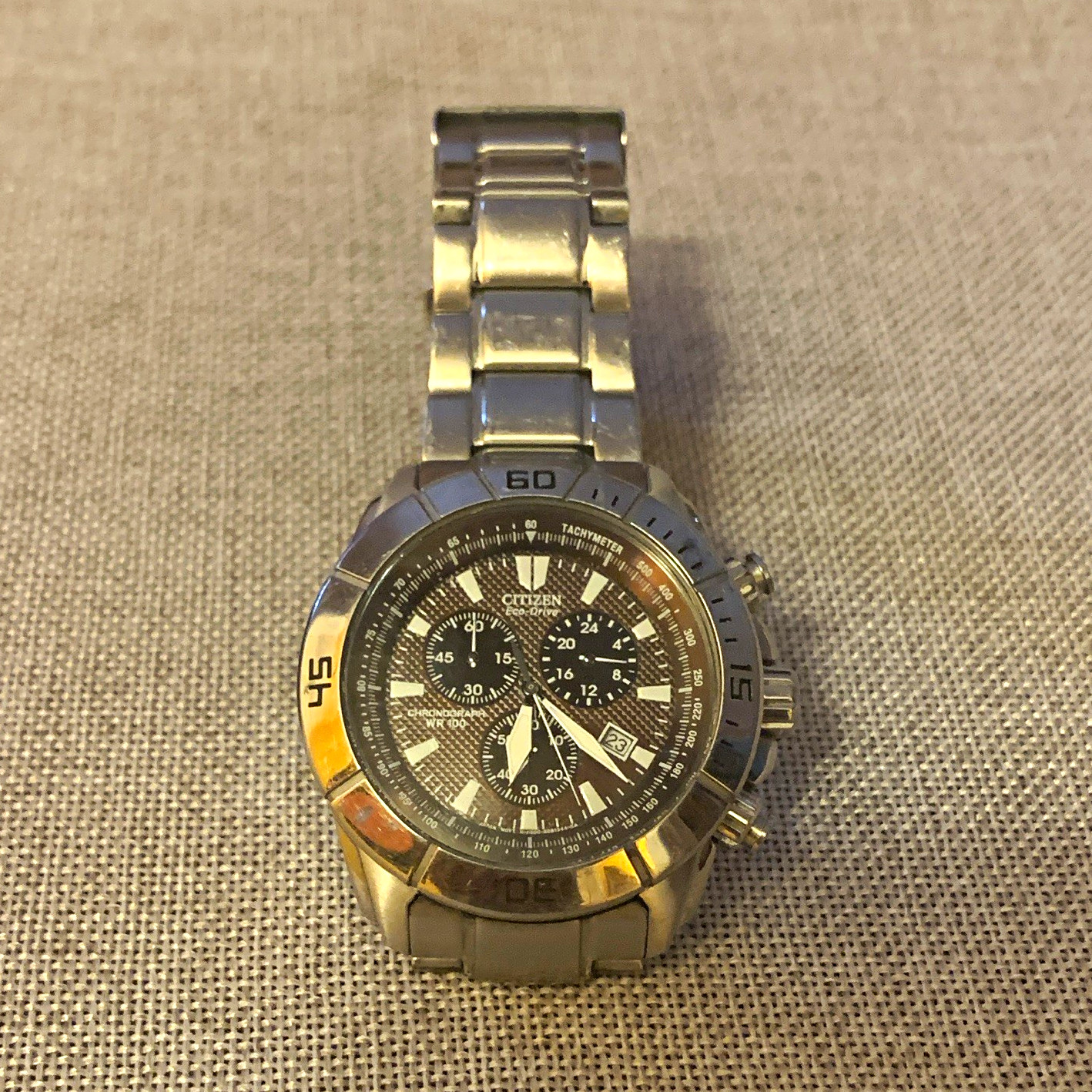 Citizen Eco-Drive Men’s Chronograph Tachymeter 100m Black Dial 44mm SS