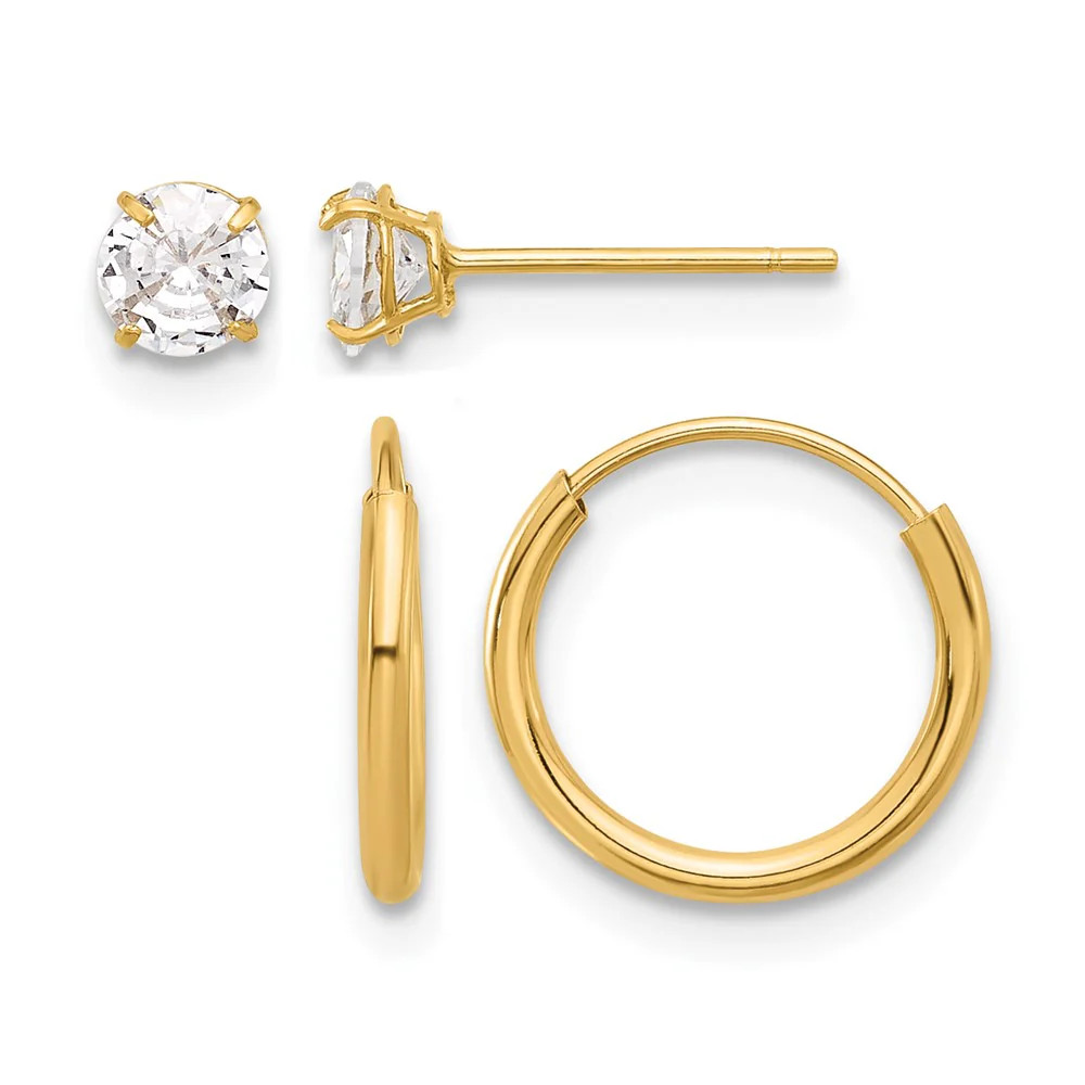 14K Yellow Gold Polished CZ Studs And Small Endless Hoop Earring Set
