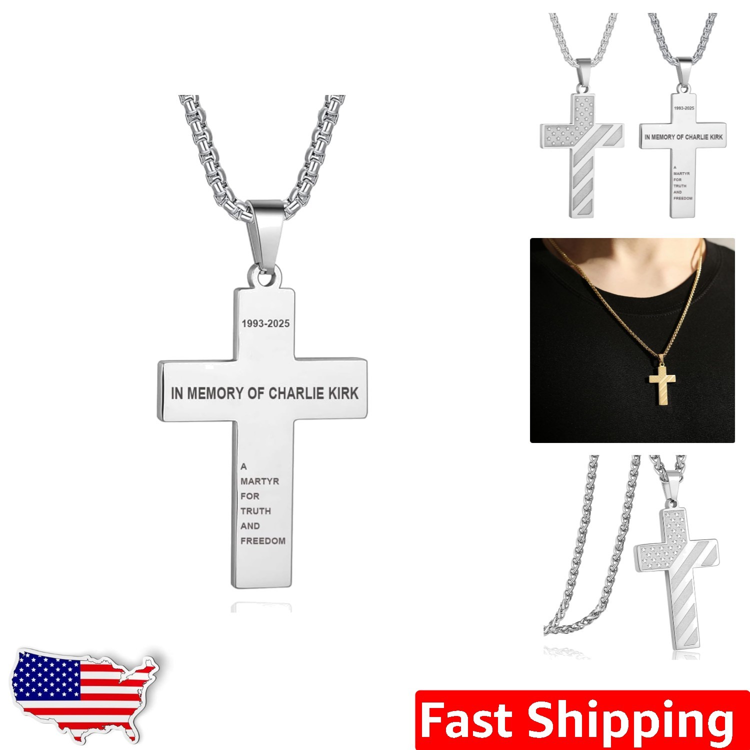 Charlie Kirk Cross Necklace – A Martyr For Truth And Freedom Turning Point USA