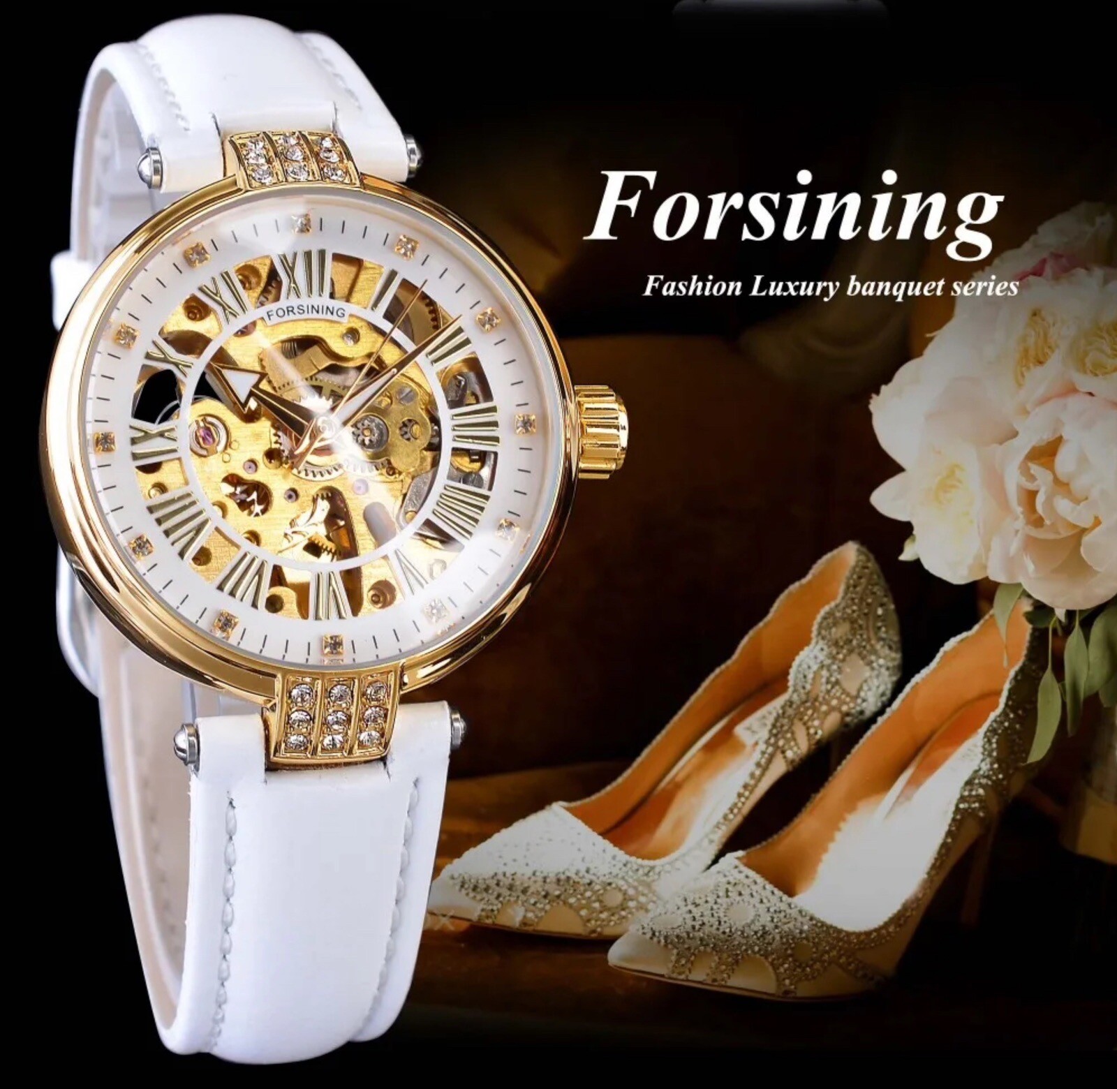 Forsining Womens Automatic Transparent Skeleton White Leather Band Ladies Watch