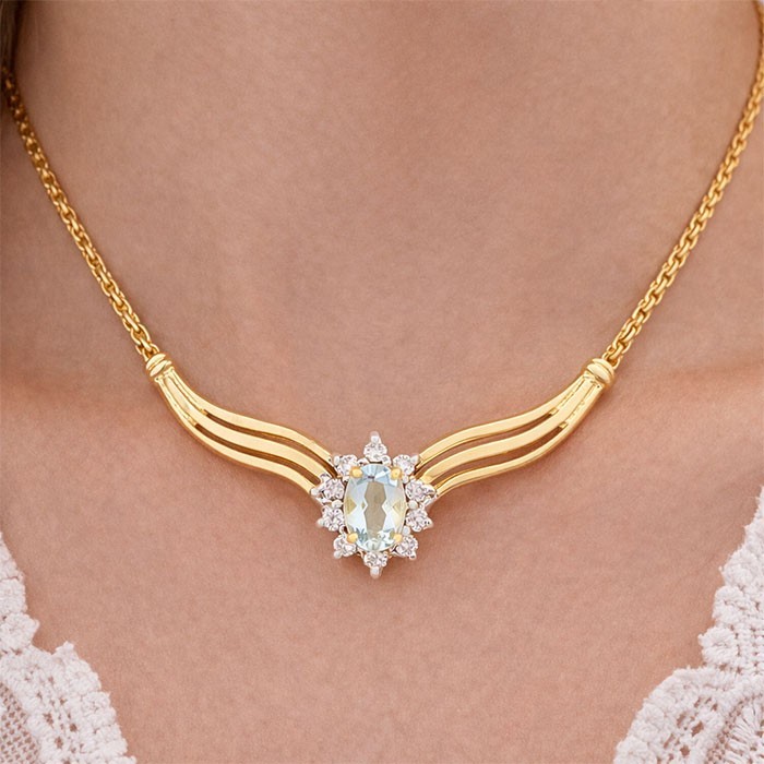 GENUINE 0.45 Cts AQUAMARINE & DIAMOND PENDANT NECKLACE SOLID 14K YELLOW GOLD