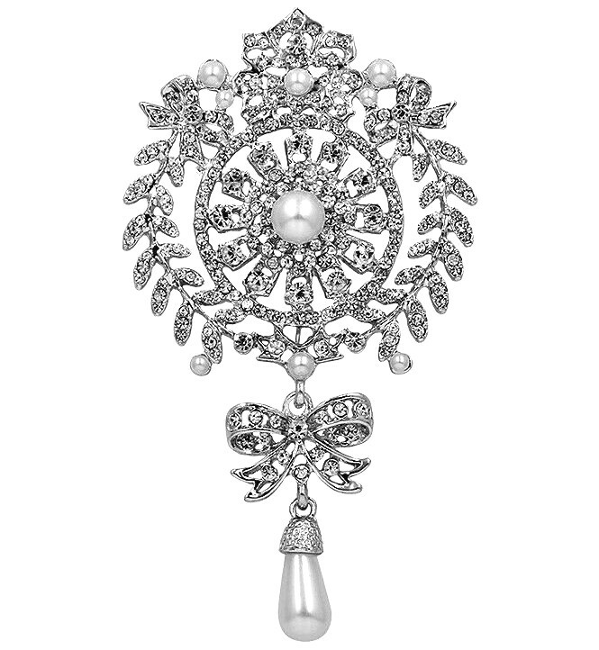 Massive ELEGANT Silver Pearl & RHINESTONE Vintage Inspired Glamor RUNWAY Brooch