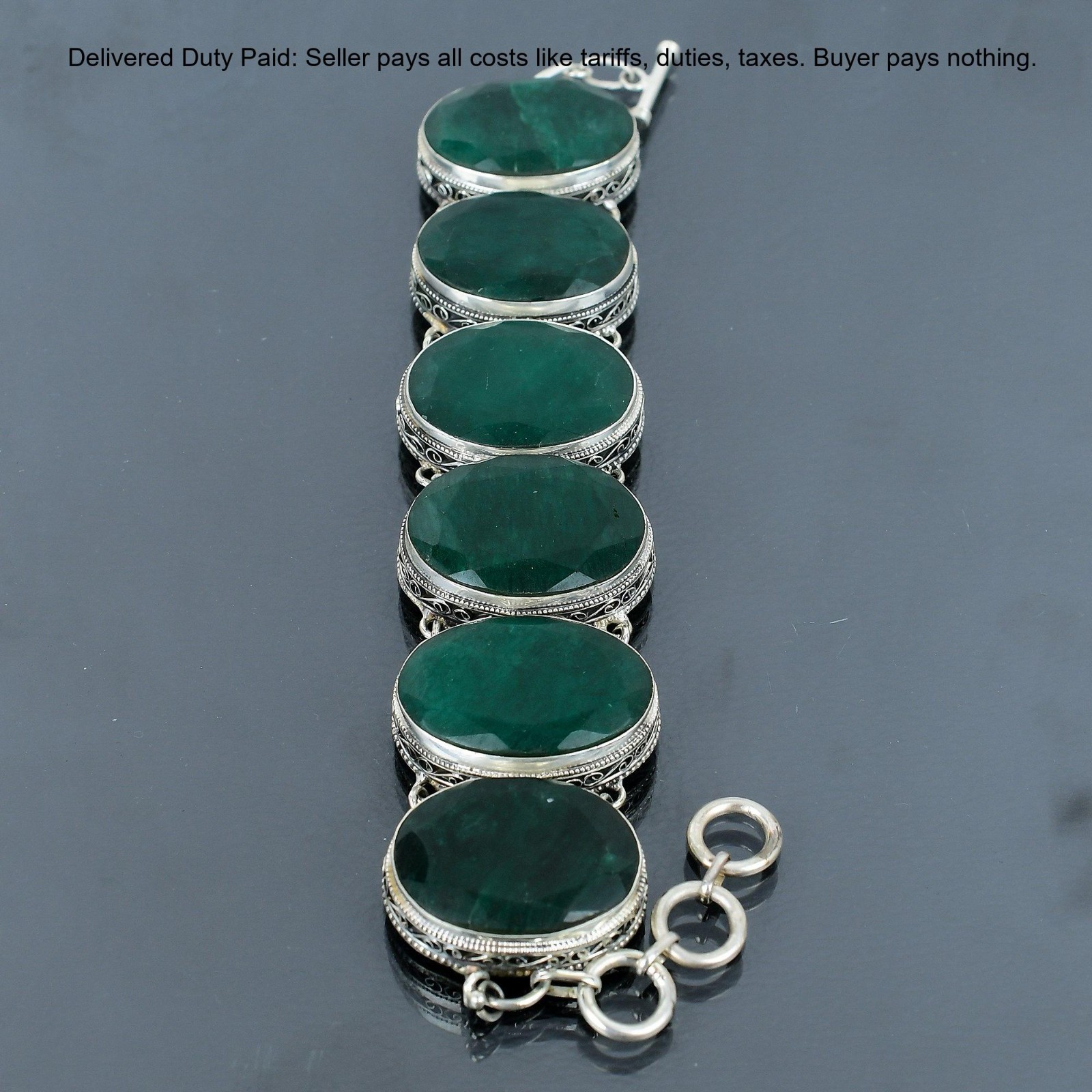 925 Sterling Silver Oval Natural Zambian Emrald New Vintage Wife Chain Bracelet
