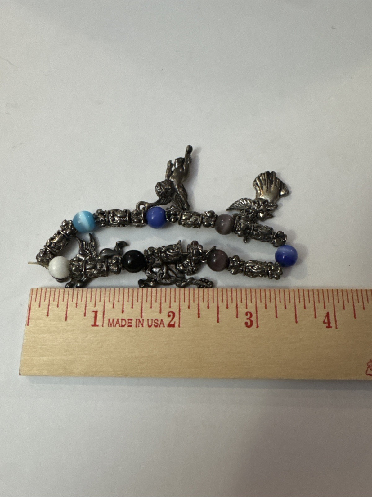 Four Charm Angels Bracelet Multi-colored Beads Silver-tone Metal Stretch To Fit