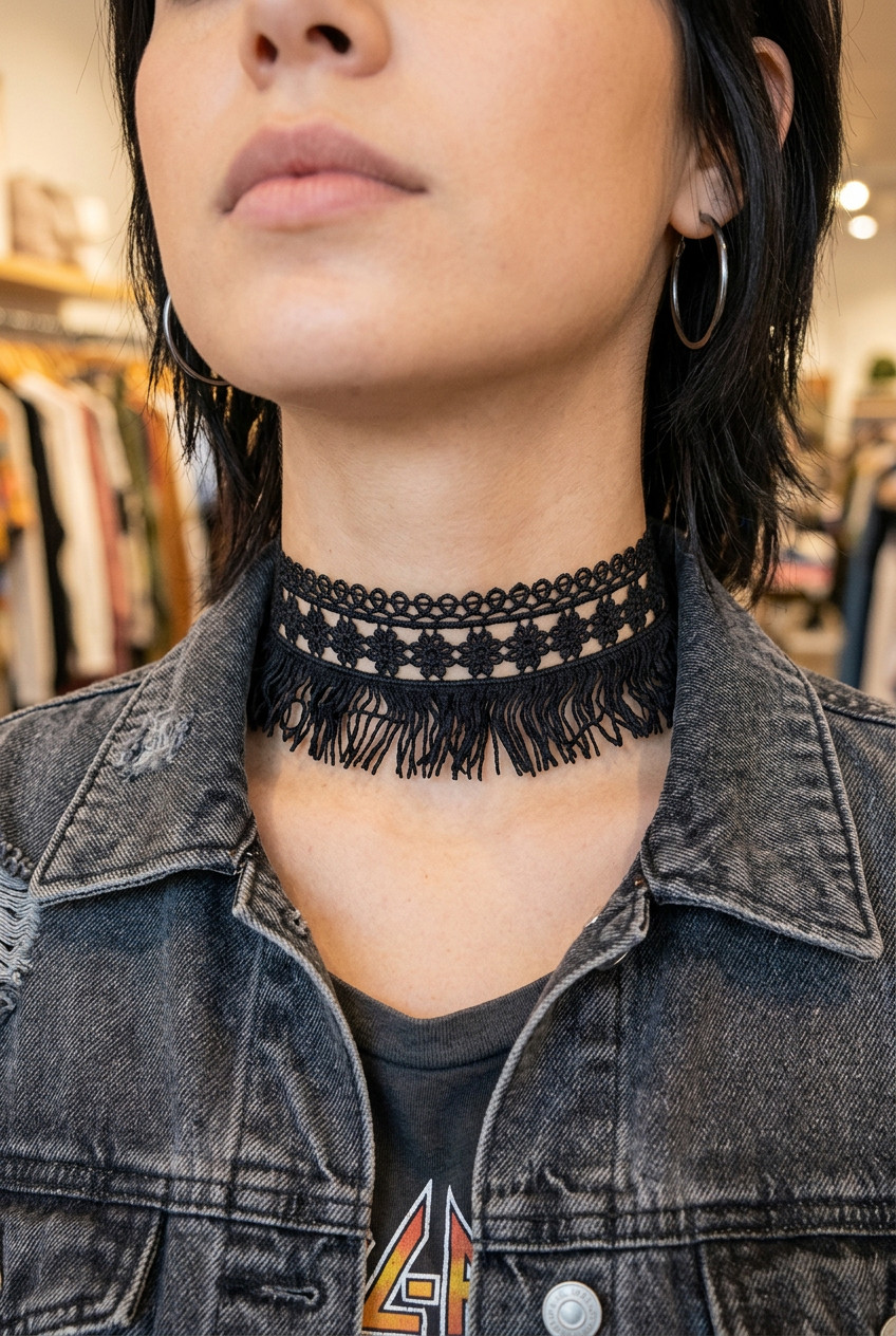 Women Young Fashion Choker Necklace Tassel Wide Black Lace Fabric Flower Fringes