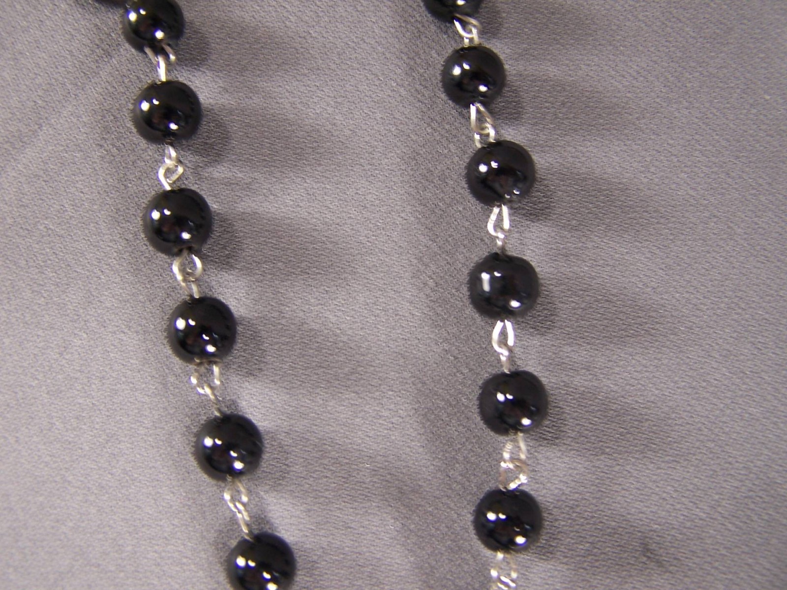 Black faux pearl glass bead beaded rosary silver cross 30″ long necklace