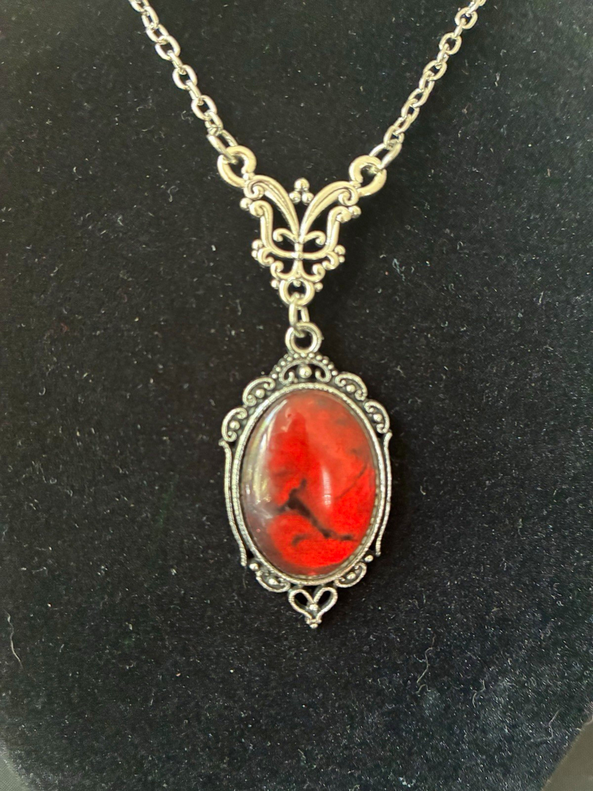 Silver Tone Cable Chain Necklace Red Oval Cabochon Bezel Pendant Charm