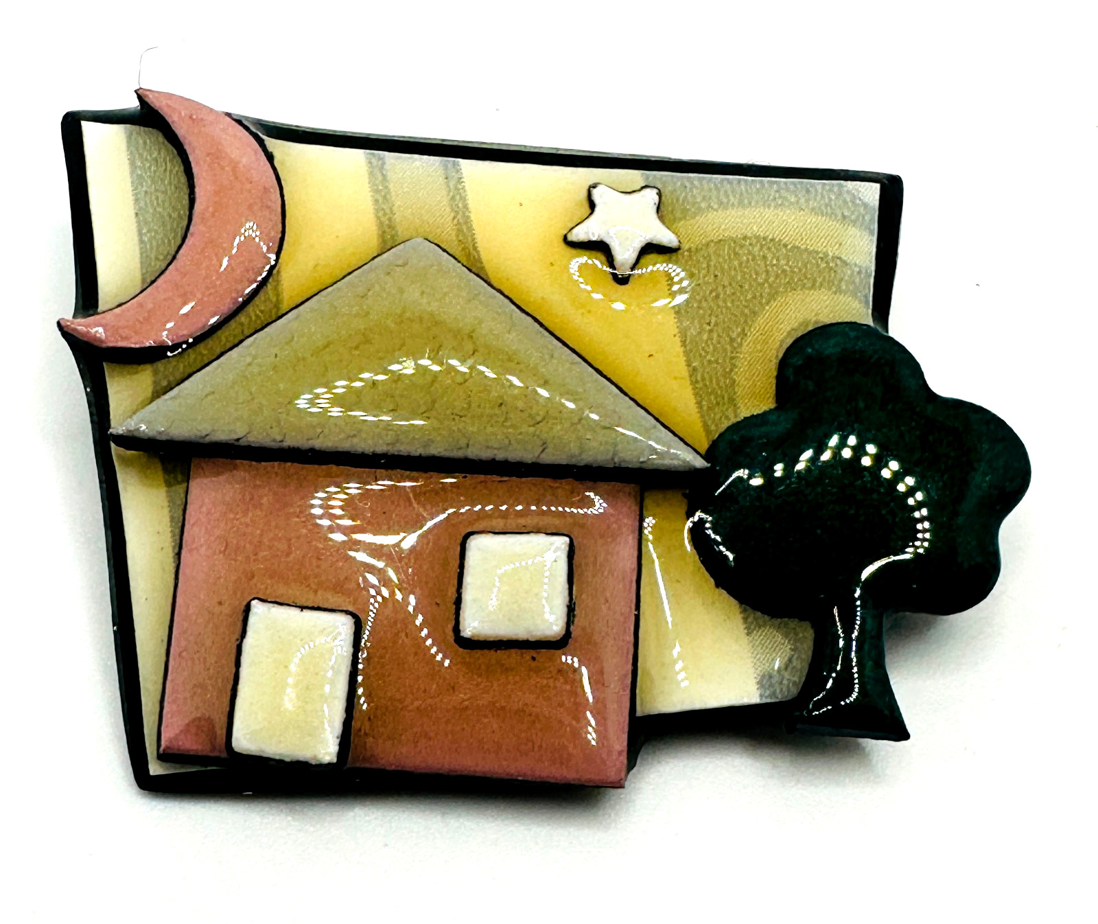 RARE Black Brown Green House Pin by Lucinda Signed Thin Black Back Star