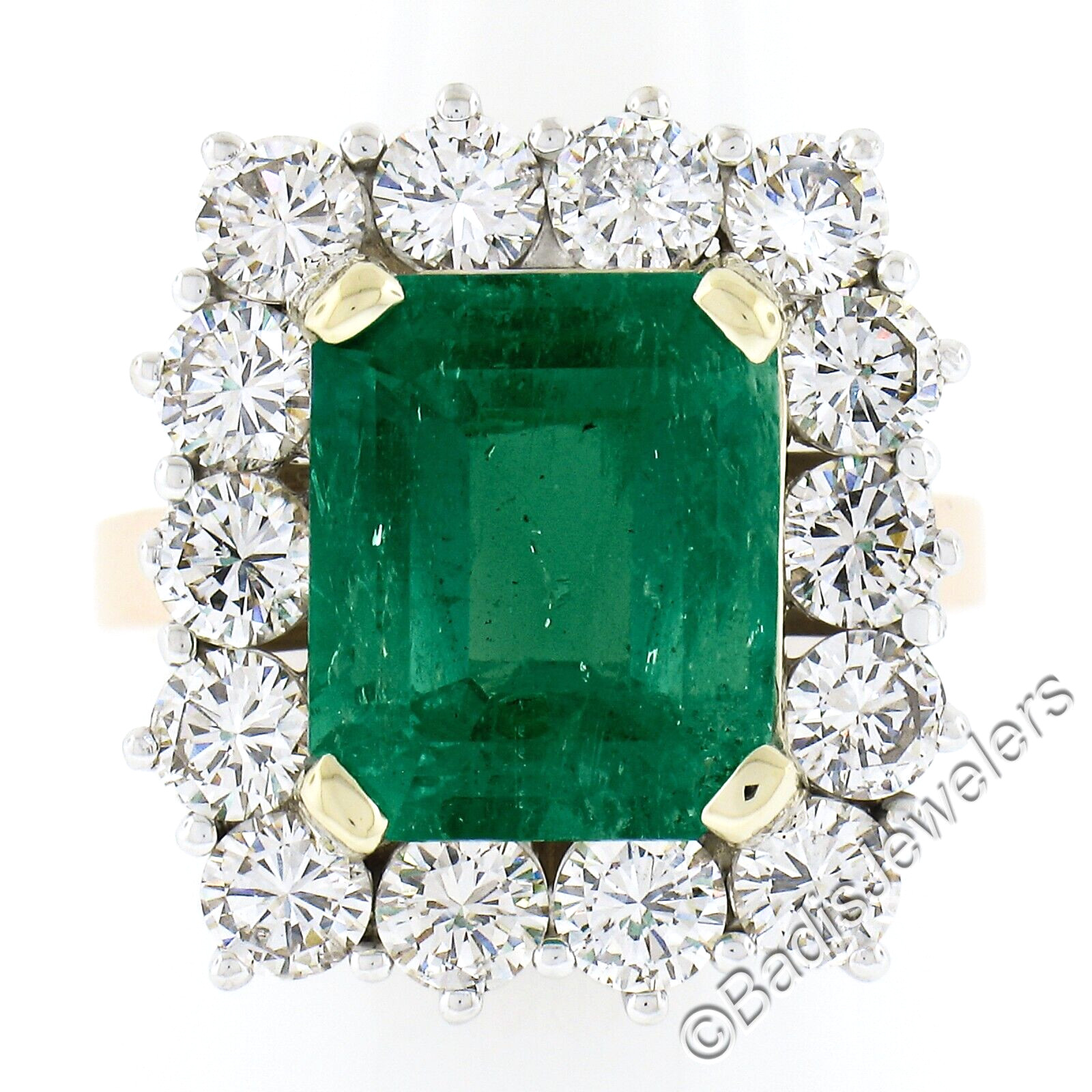Vintage 18k Gold 7.83ctw AGL Colombian Emerald & Diamond Halo Cocktail Ring