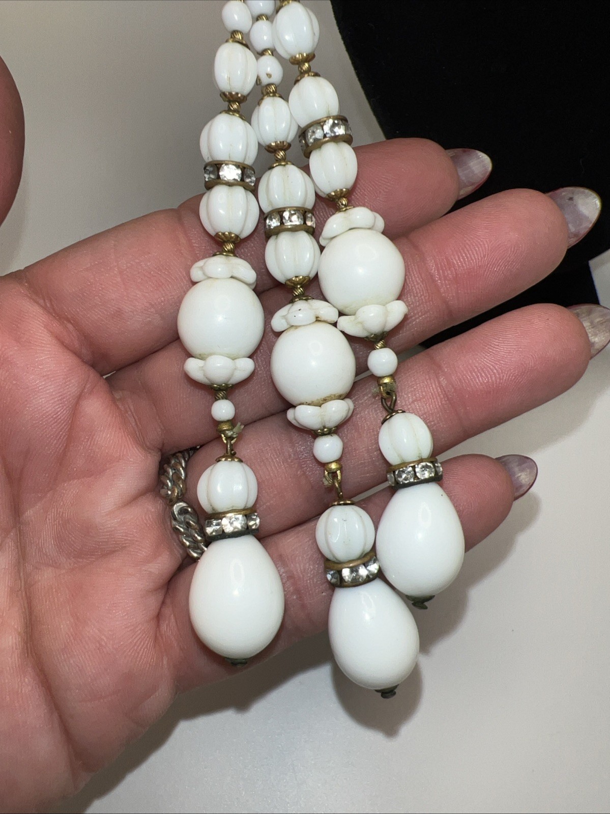 1930s 40s Milk Glass Lariat Necklace Rhinestone Multi Strand Art Deco 34”