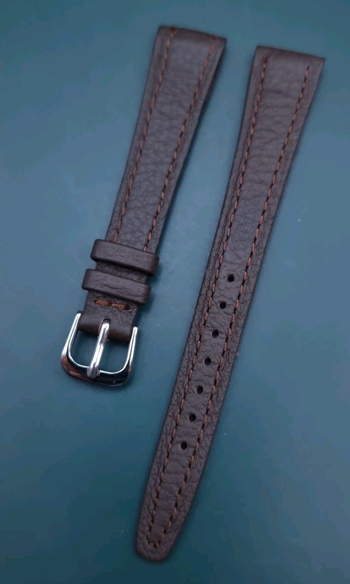 14mm VINTAGE GENUINE LEATHER OPEN ENDED BROWN WATCH STRAP, SILVER BUCKLE.