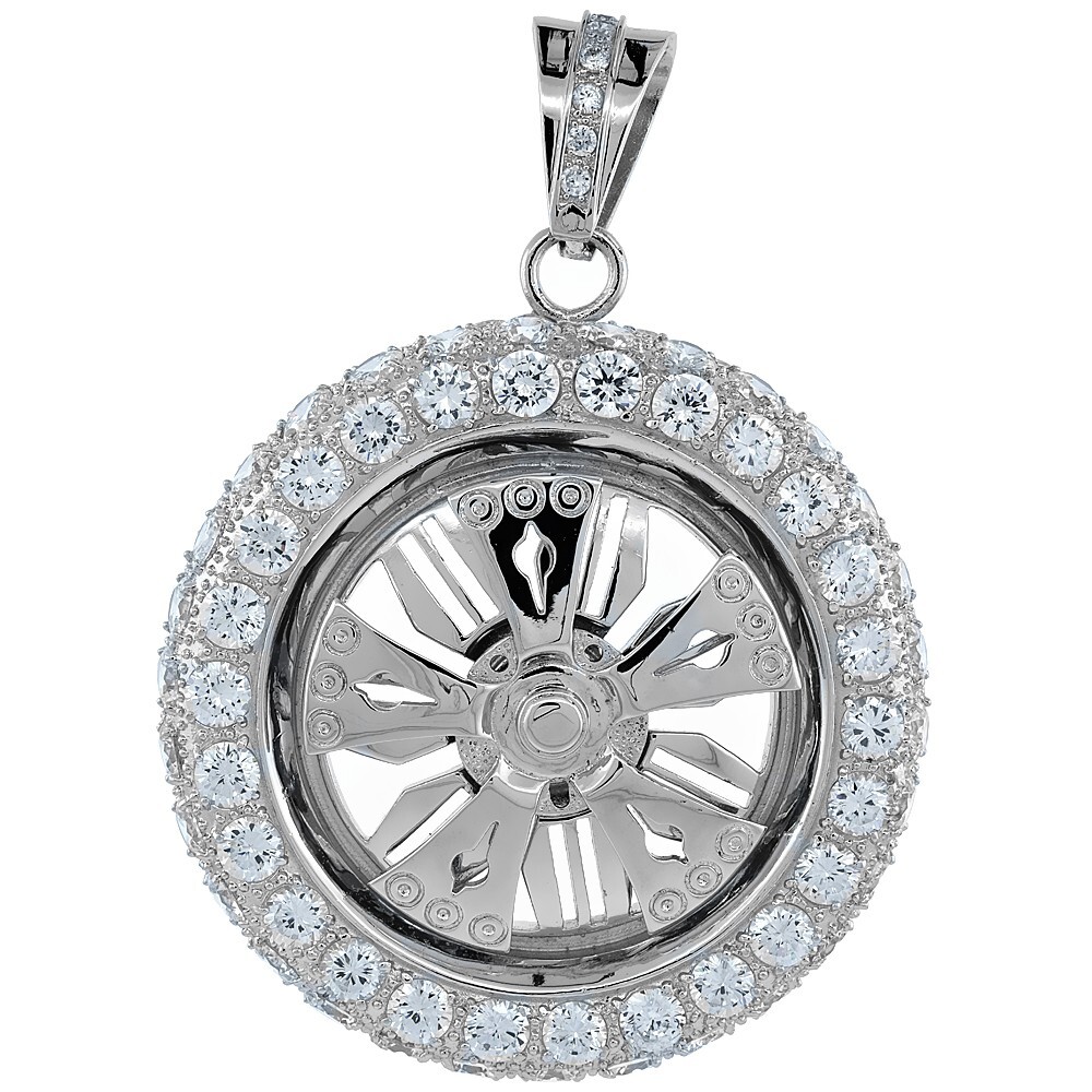 925 Sterling Silver Cubic Zirconia Spinner Wheel Pendant 2 3/4 Inch (69mm) Tall