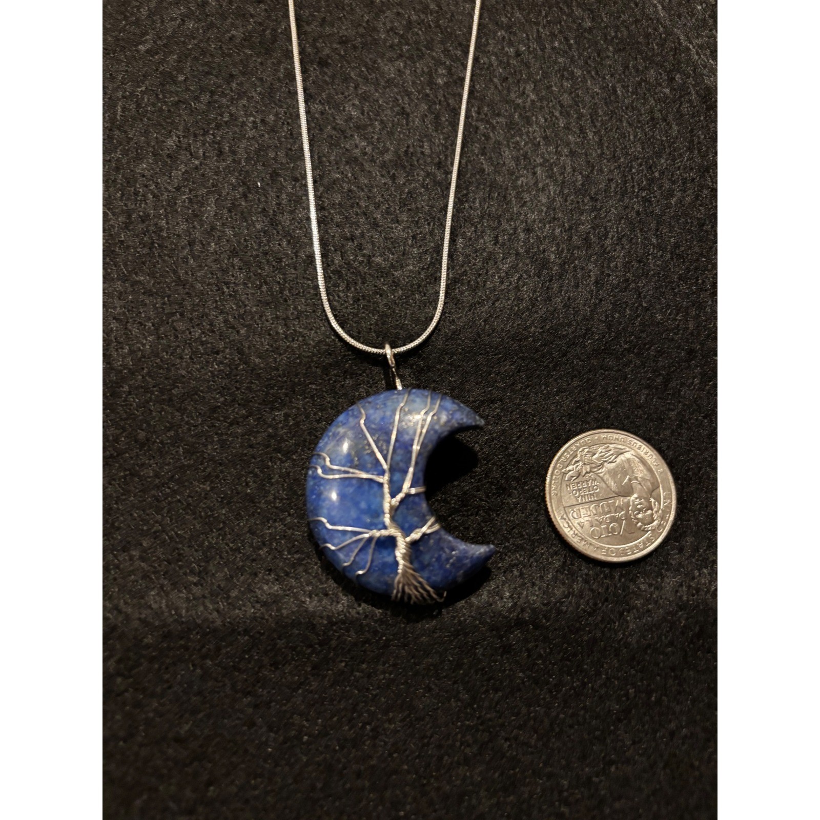 Lapis Lazuli Crescent Moon Tree of Life Wire Wrapped Necklace Silver Tone Chain
