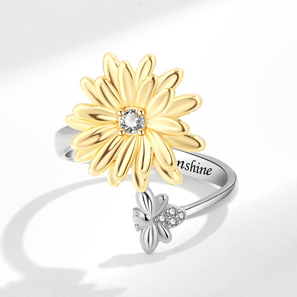 Daisy Flower Bee Anxiety Fidget Spinner Ring in Solid Copper