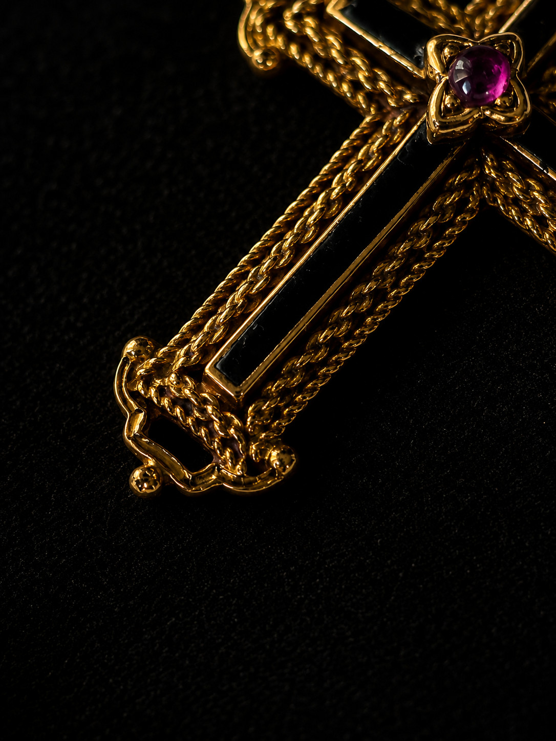 Antique Victorian 18K Gold Cross Pendant Black Enamel Natural Rubies Gothic 1870