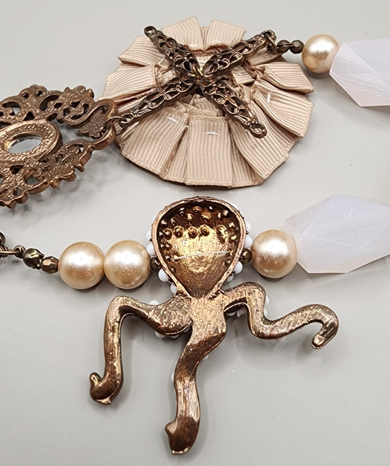 Artisan Upcycled Mixed Media Necklace Chunky Pearl Ribbon Flower Octopus 24 In