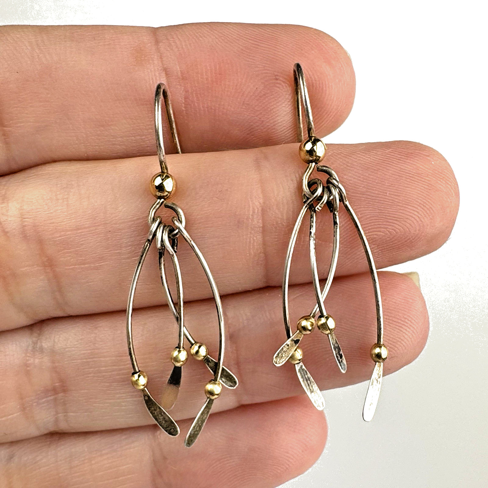 Vintage Sterling Silver 925 Gold Two-Tone Bead Modernist Kinetic Dangle Earrings