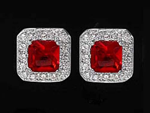 925 REAL SILVER RHODIUM PLATED *** Stud Earrings Rectangle Square 8x8mm, Cubic Zirconia Red