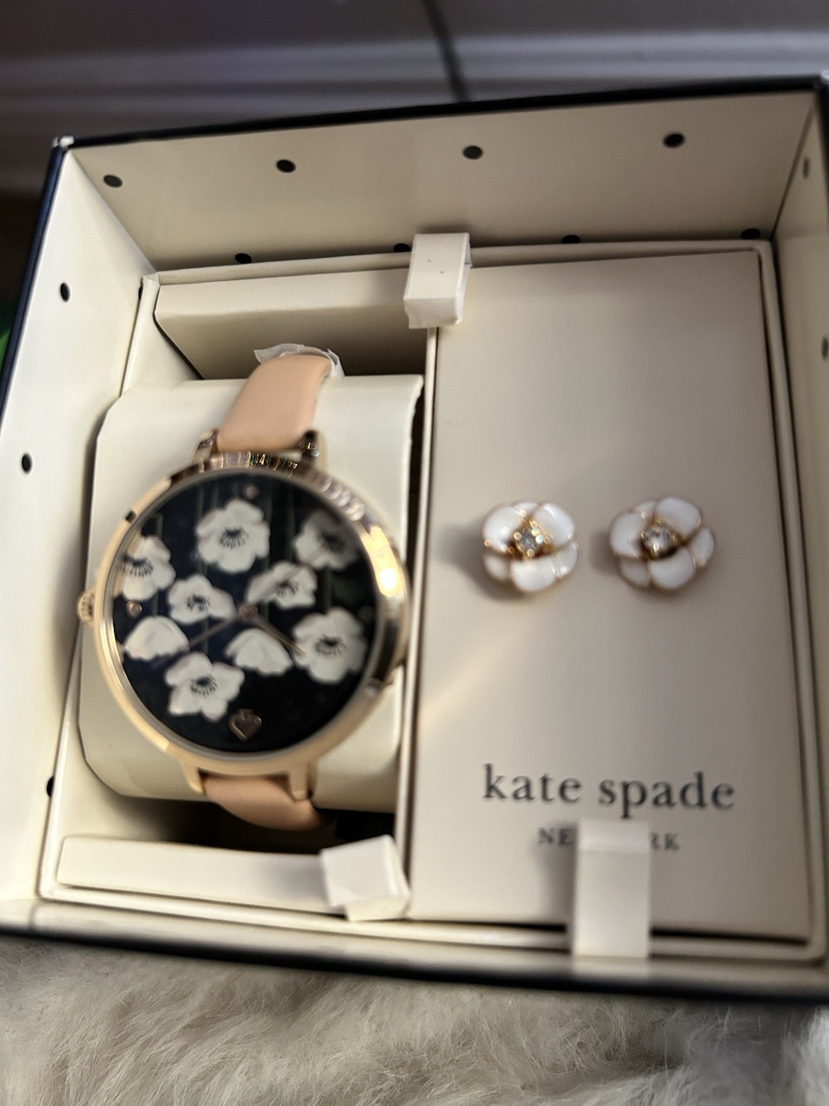 Kate Spade Floral Watch & Earrings Set Leather Metal Enamel Beige Gold