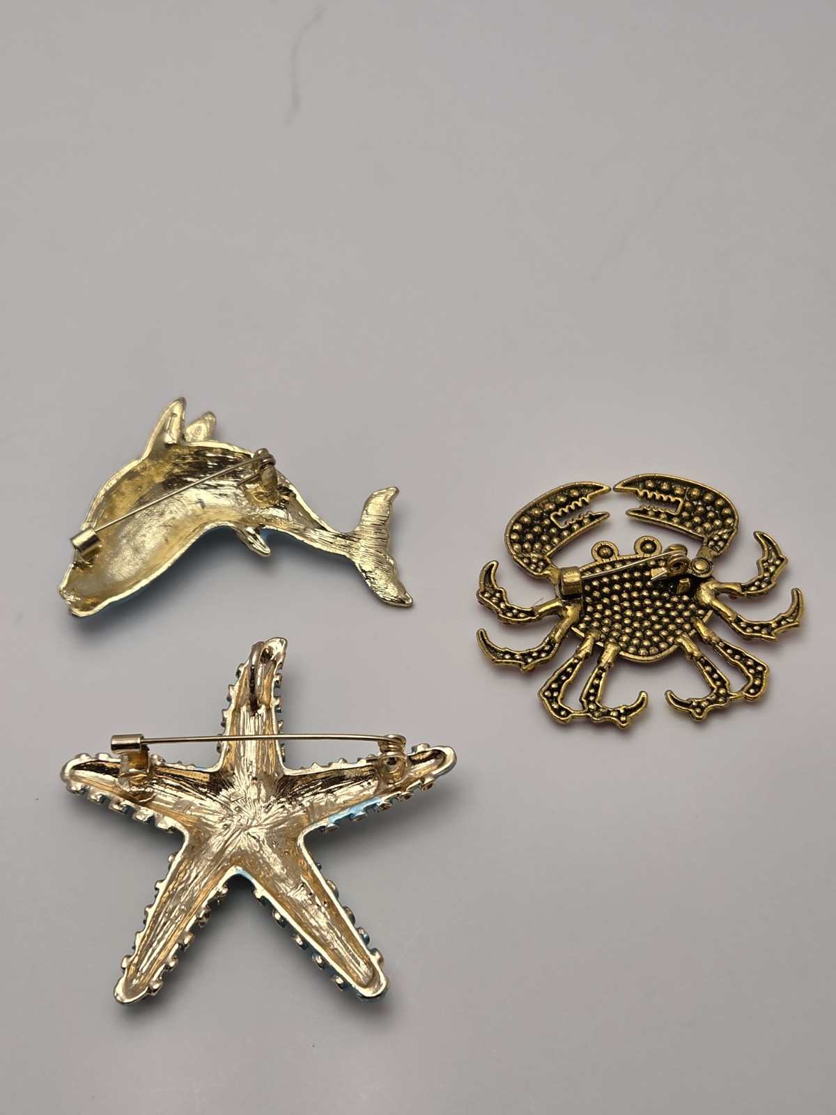 Lot of 3 Sea Life Brooch Pins Rhinestone Enamel Crab Starfish Whale 2 in