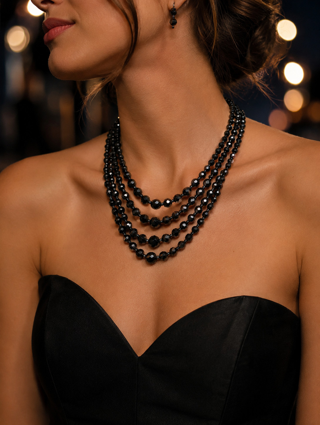 1950s Black Faceted Crystal Glass 4 Strand Statement Necklace Made in Austria