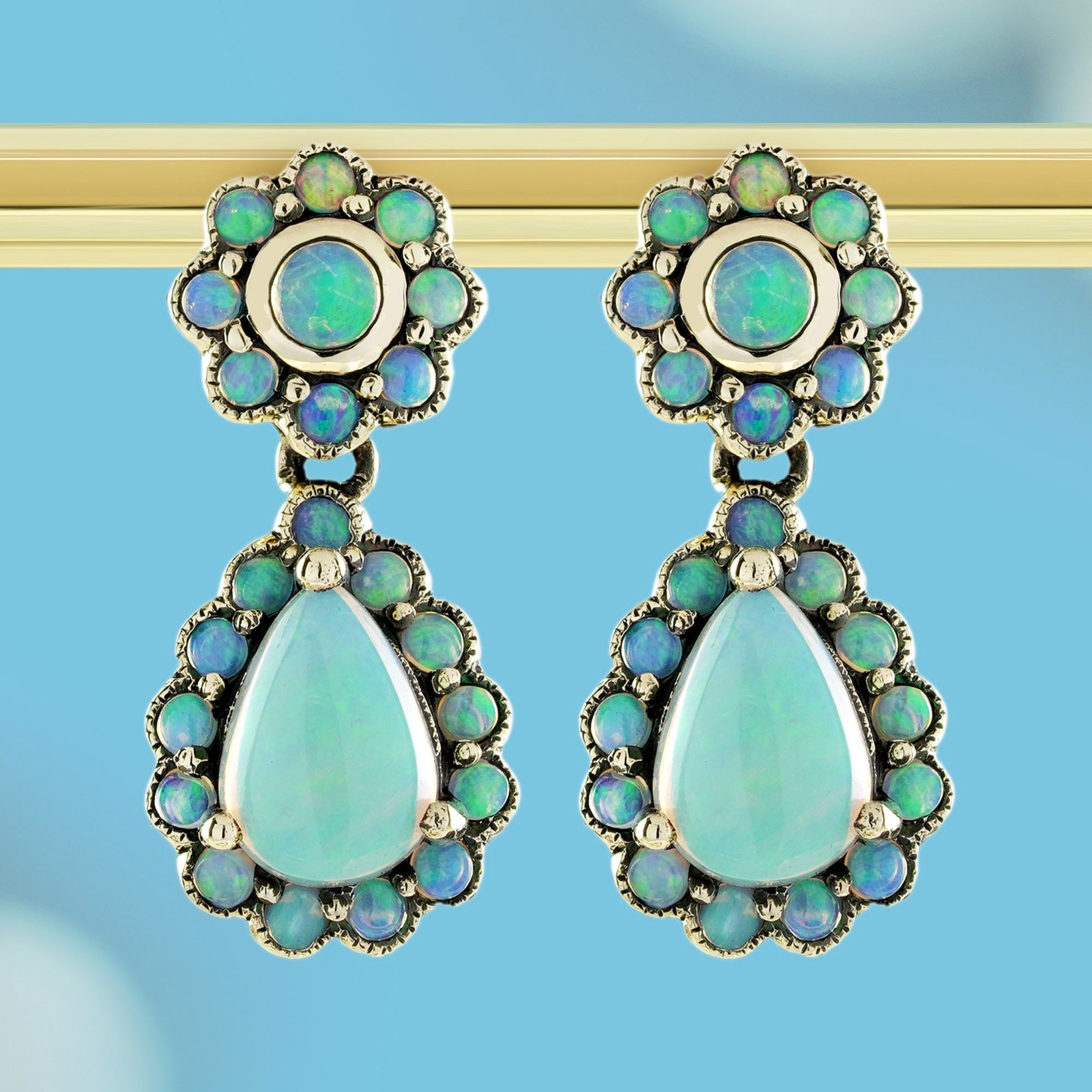 9K Gold Opal Vintage Style Floral Blooming Dangle Earrings