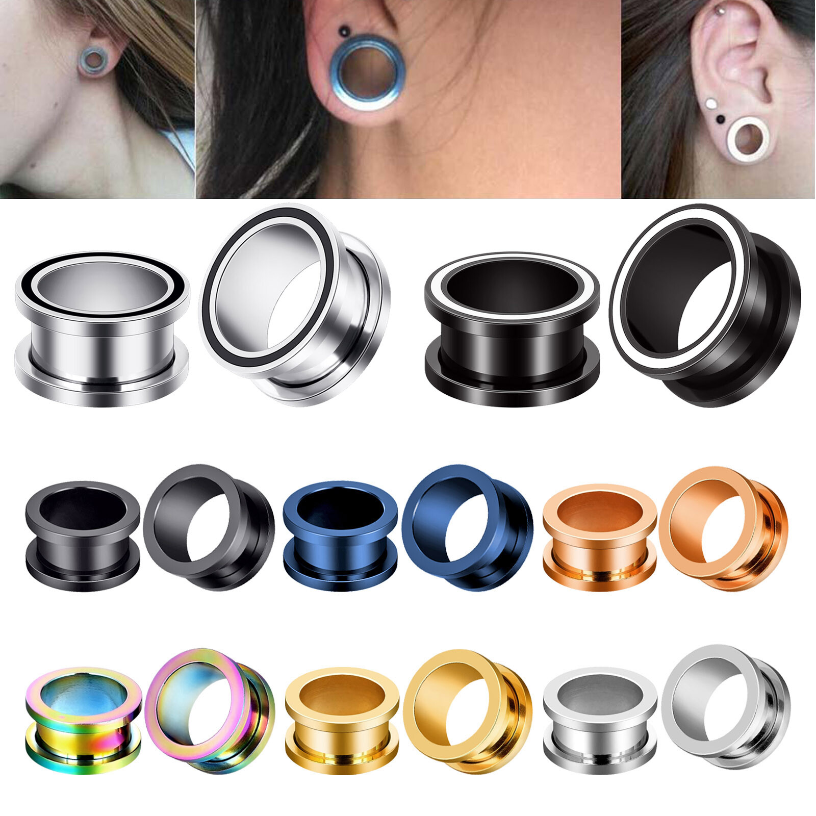 Pair Stainless Steel Screw Ear Gauges Ear Expander Plug Hollow Flesh Tunnel Plug