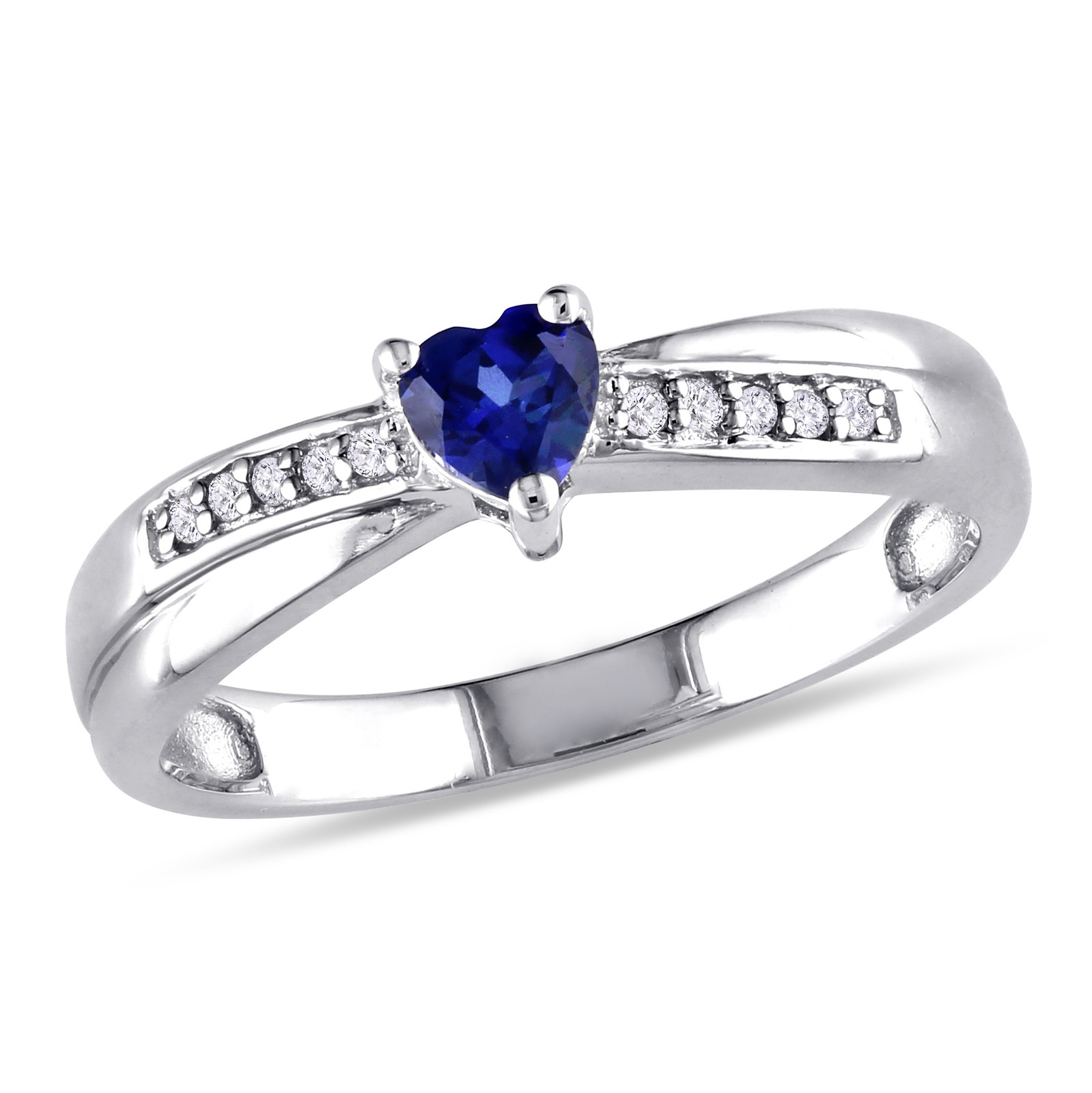 Amour Sterling Silver Created Blue Sapphire and Round Cut Diamond Heart Ring