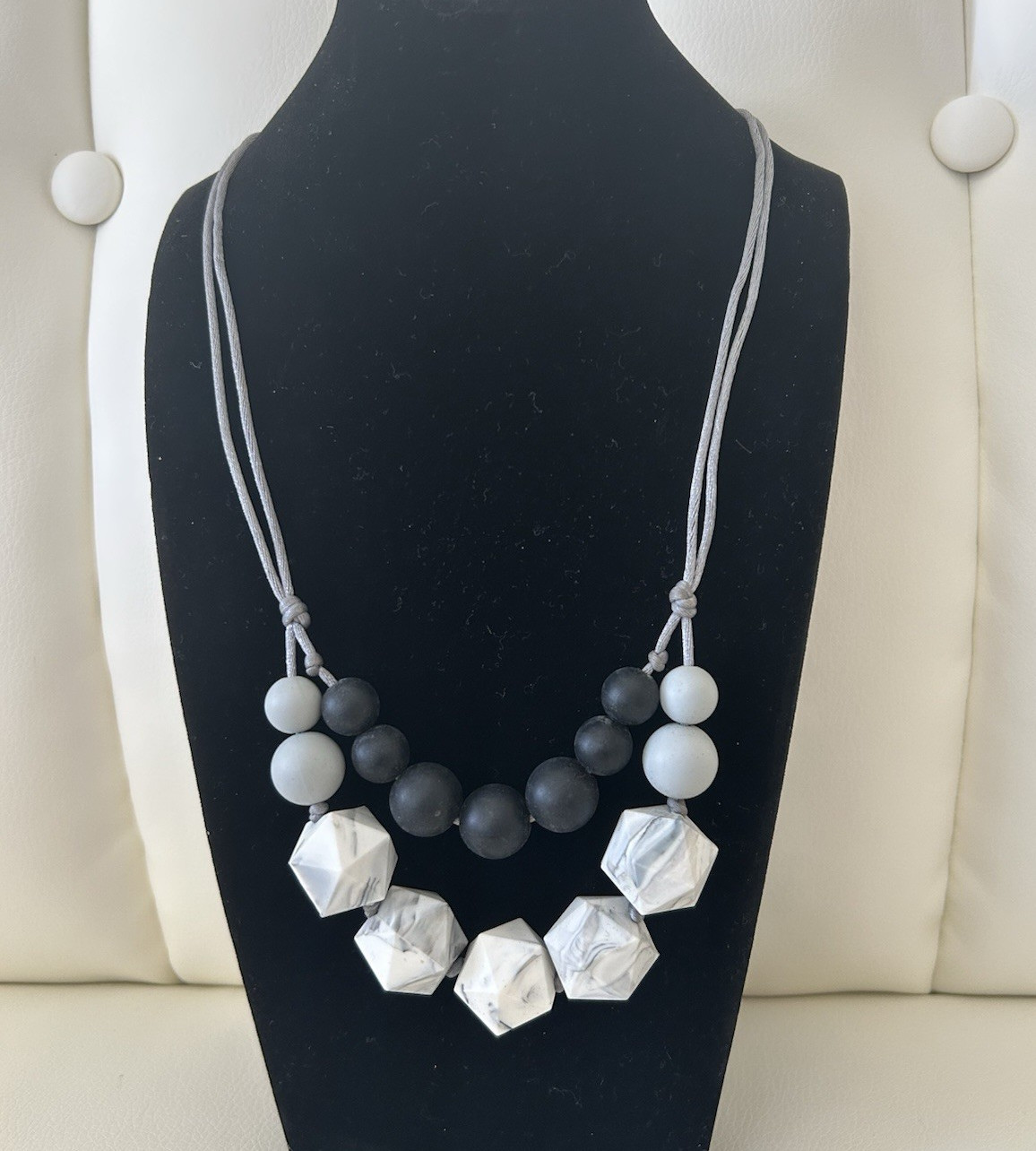 Modern Adjustable Gray Black White Geometric Beaded Statement Necklace