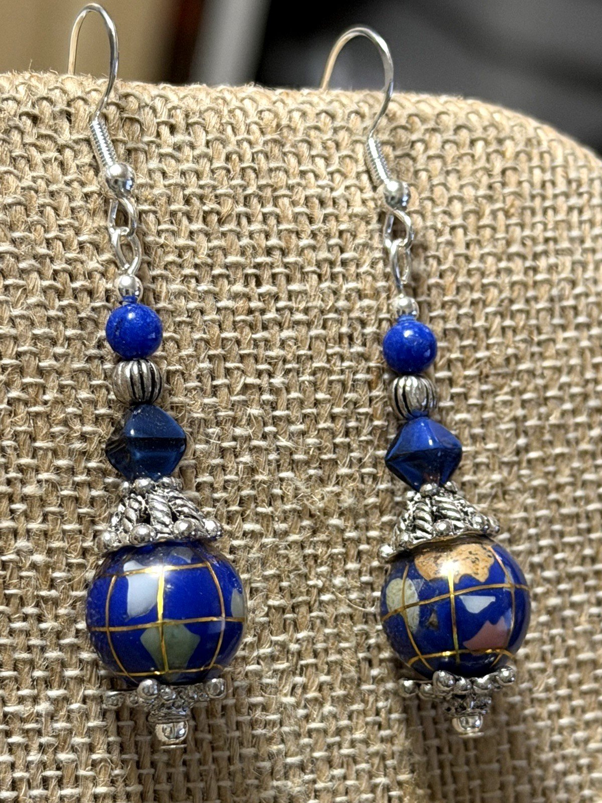 NEW ITEM*VTG.12MM BLUE LAPIS GEMSTONE INTARSIA GLOBE EARRINGS .925 EAR WIRES-NEW