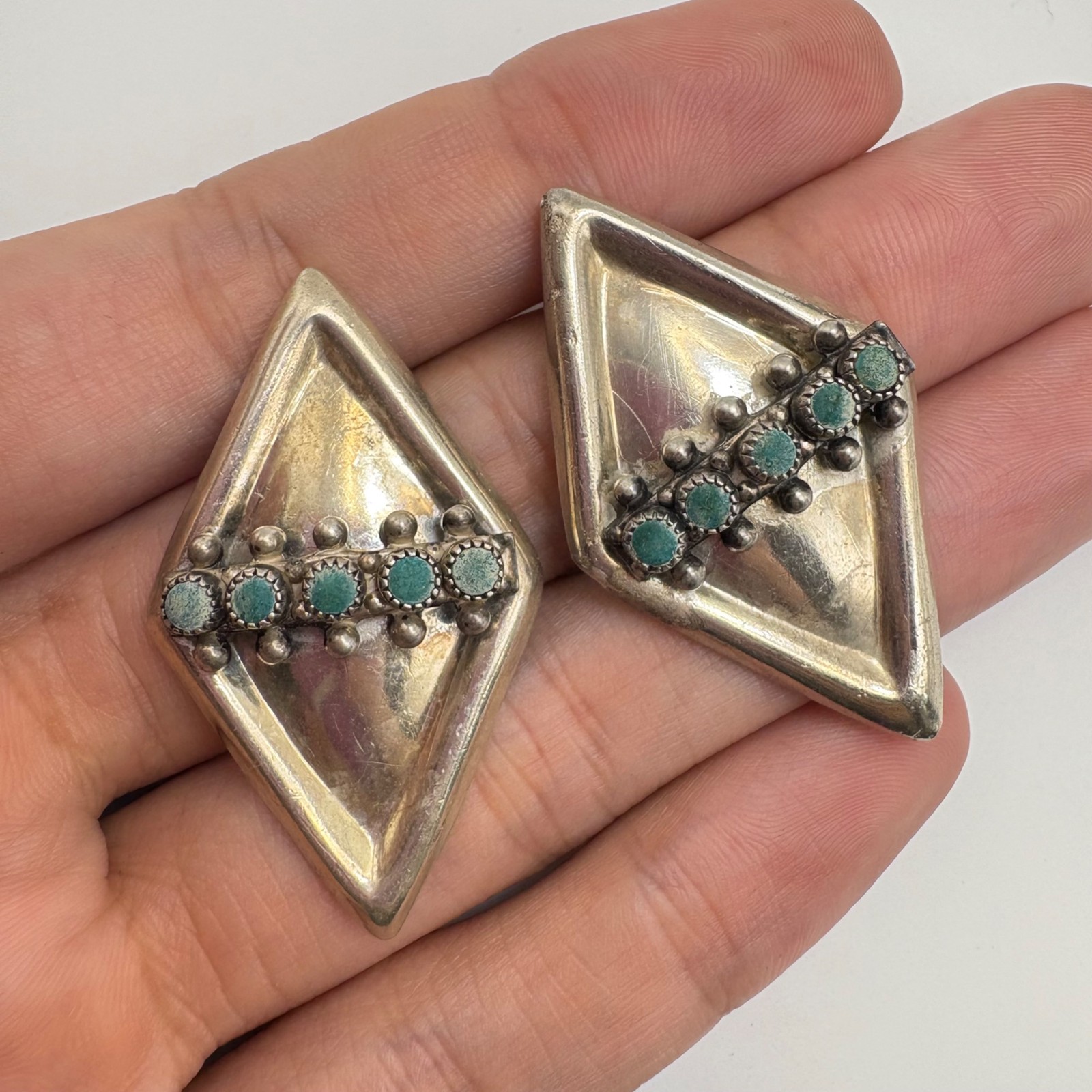 Turquoise Kite Diamond Shape Earrings Sterling Silver 925 Puffed 1.3″ L