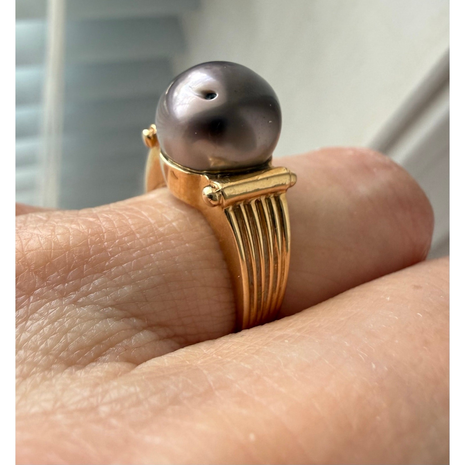 Designer | Grecian Style 14K Yellow Gold 10.9 mm Tahitian Pearl Ring | Appx 6.5”